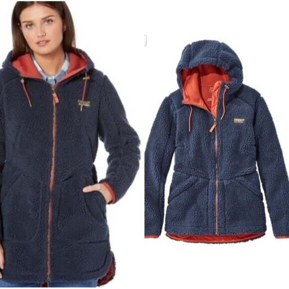 LL Bean Mountain Pile Fleece Hoodie Women SmallBlue Long Jacket Full Zip Sherpa - Picture 1 of 17